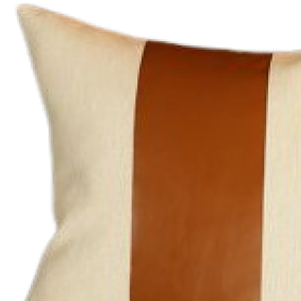 17" Ivory And Brown Fabric And Faux Leather Throw Pillow Cover-2