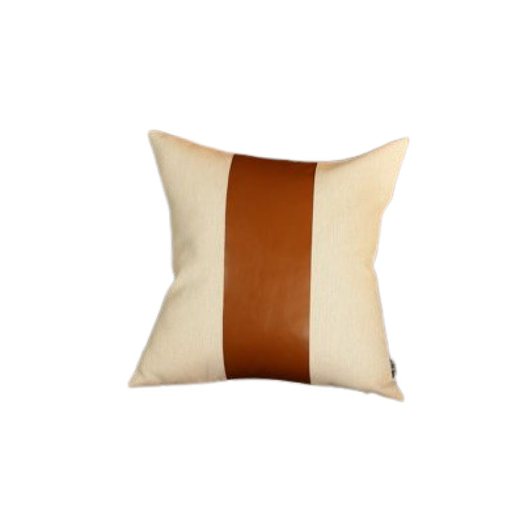 17" Ivory And Brown Fabric And Faux Leather Throw Pillow Cover-1