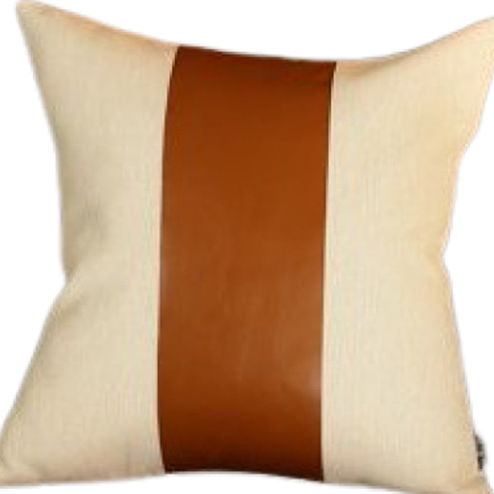 17" Ivory And Brown Fabric And Faux Leather Throw Pillow Cover-3