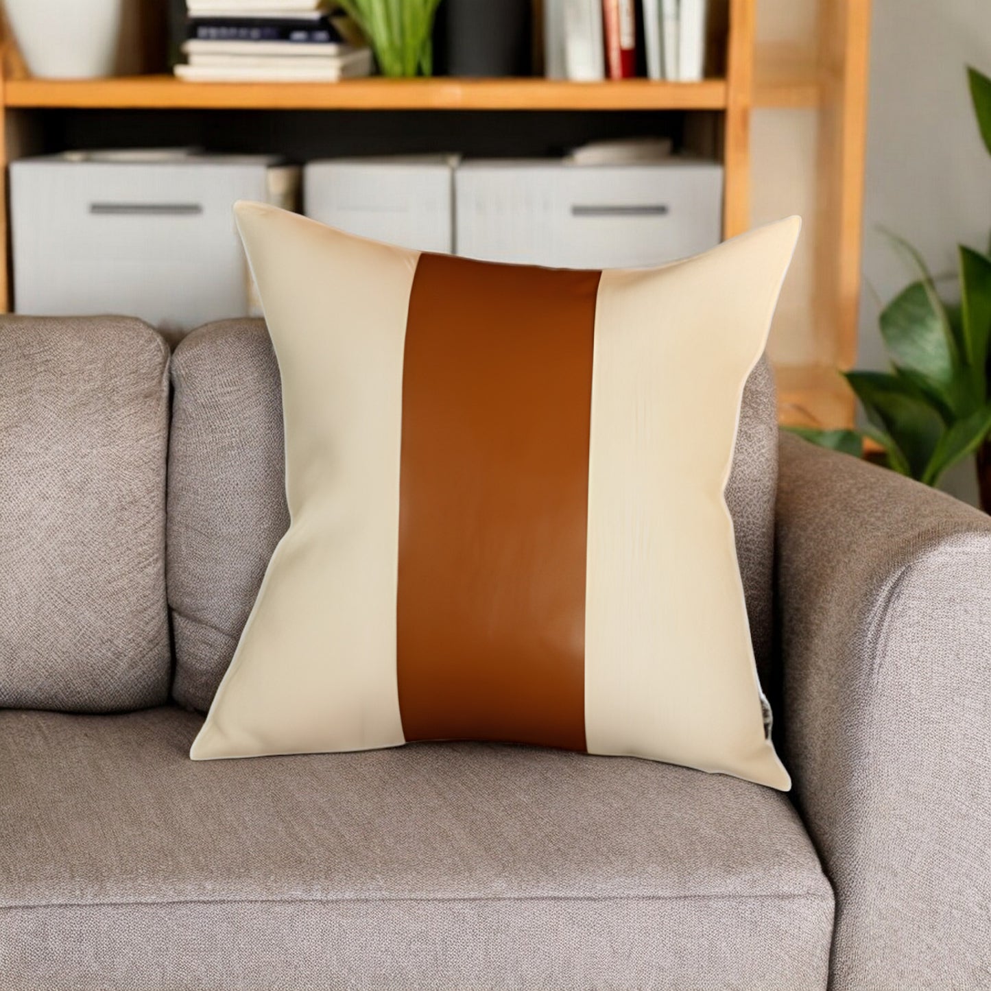 17" Ivory And Brown Fabric And Faux Leather Throw Pillow Cover-0