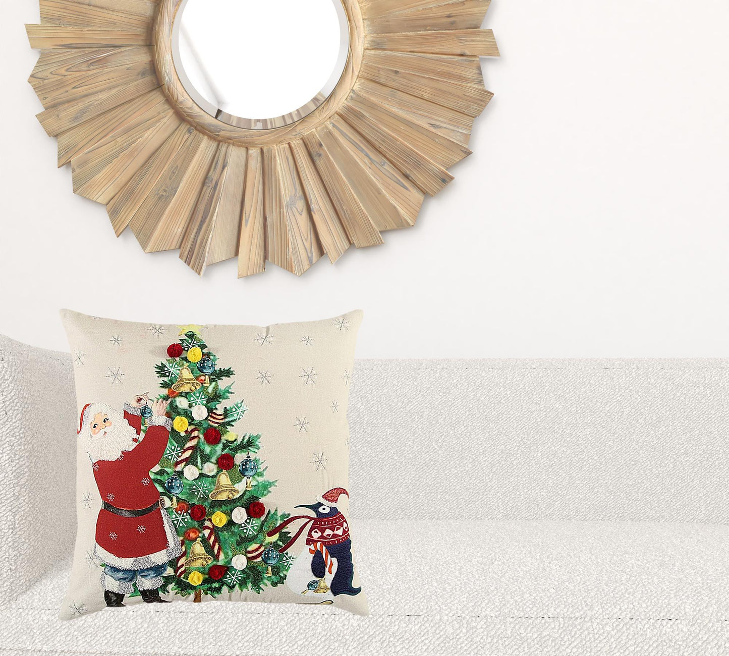 Ivory Vintage Santa and Penguin Christmas Throw Pillow-1
