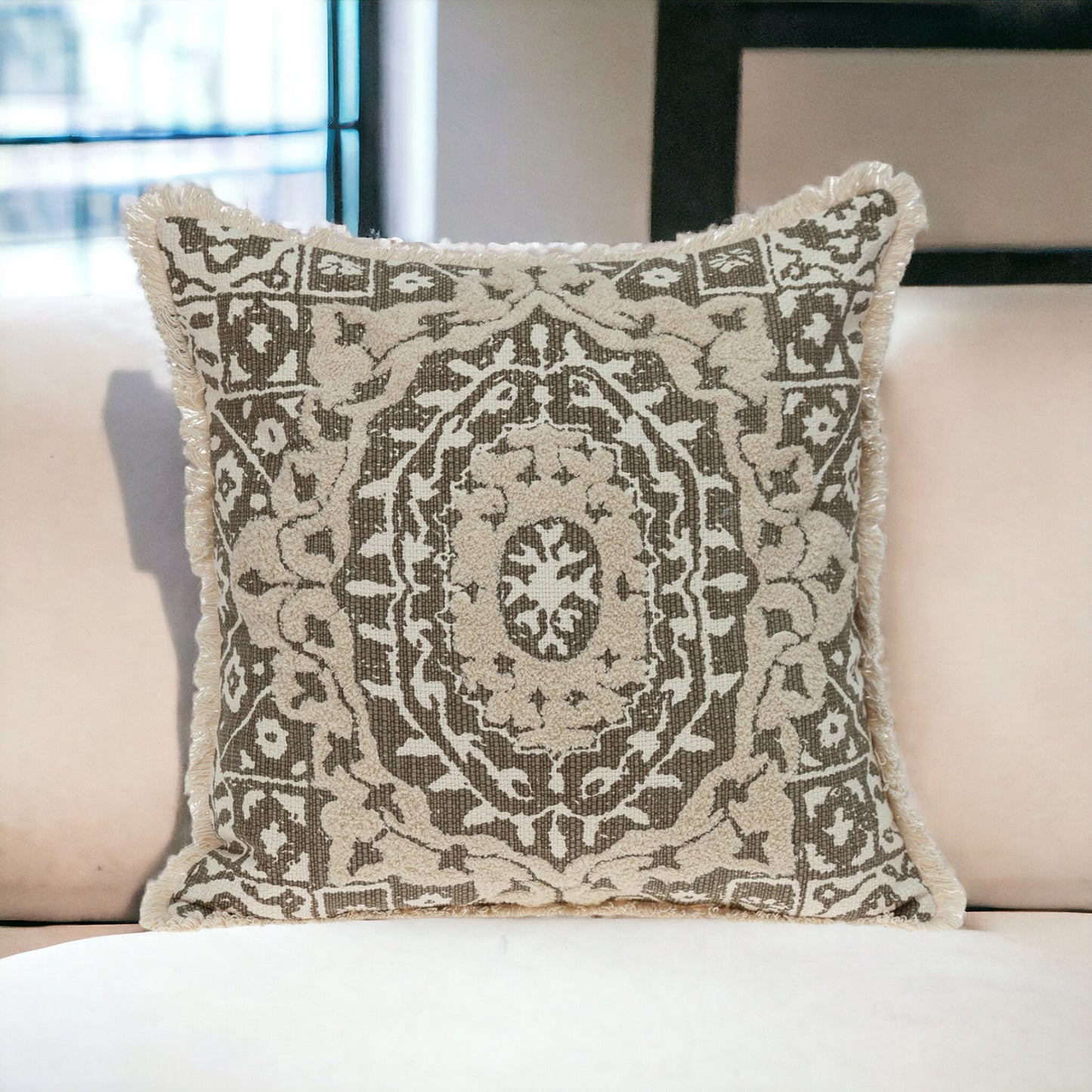 Boho Garland Beige and Dark Brown Decorative Accent Pillow-1