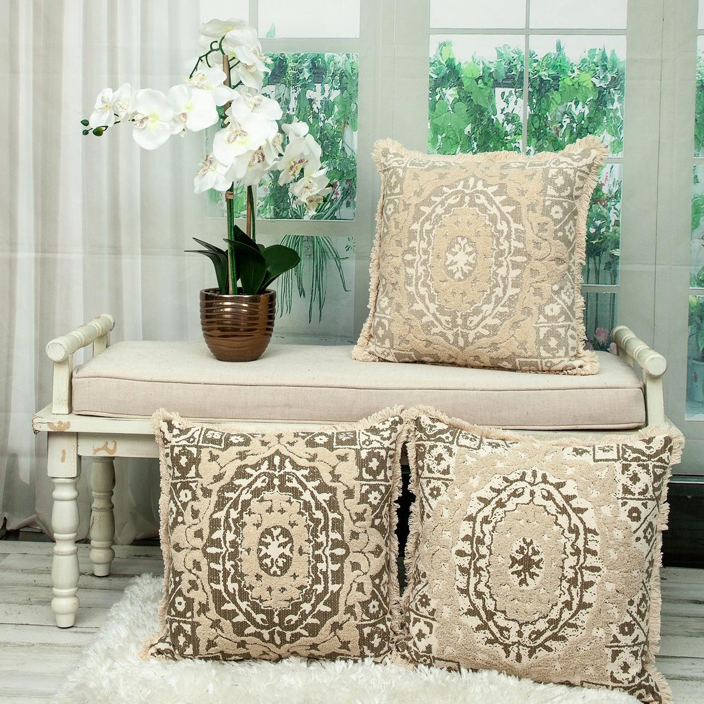 Boho Garland Beige and Dark Brown Decorative Accent Pillow-7