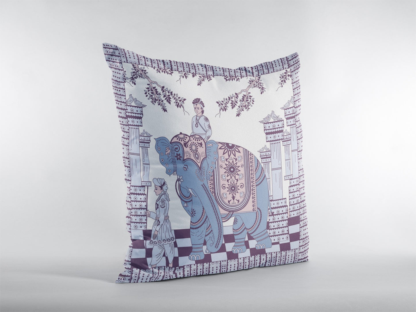 16” Blue Purple Ornate Elephant Zippered Suede Throw Pillow-1