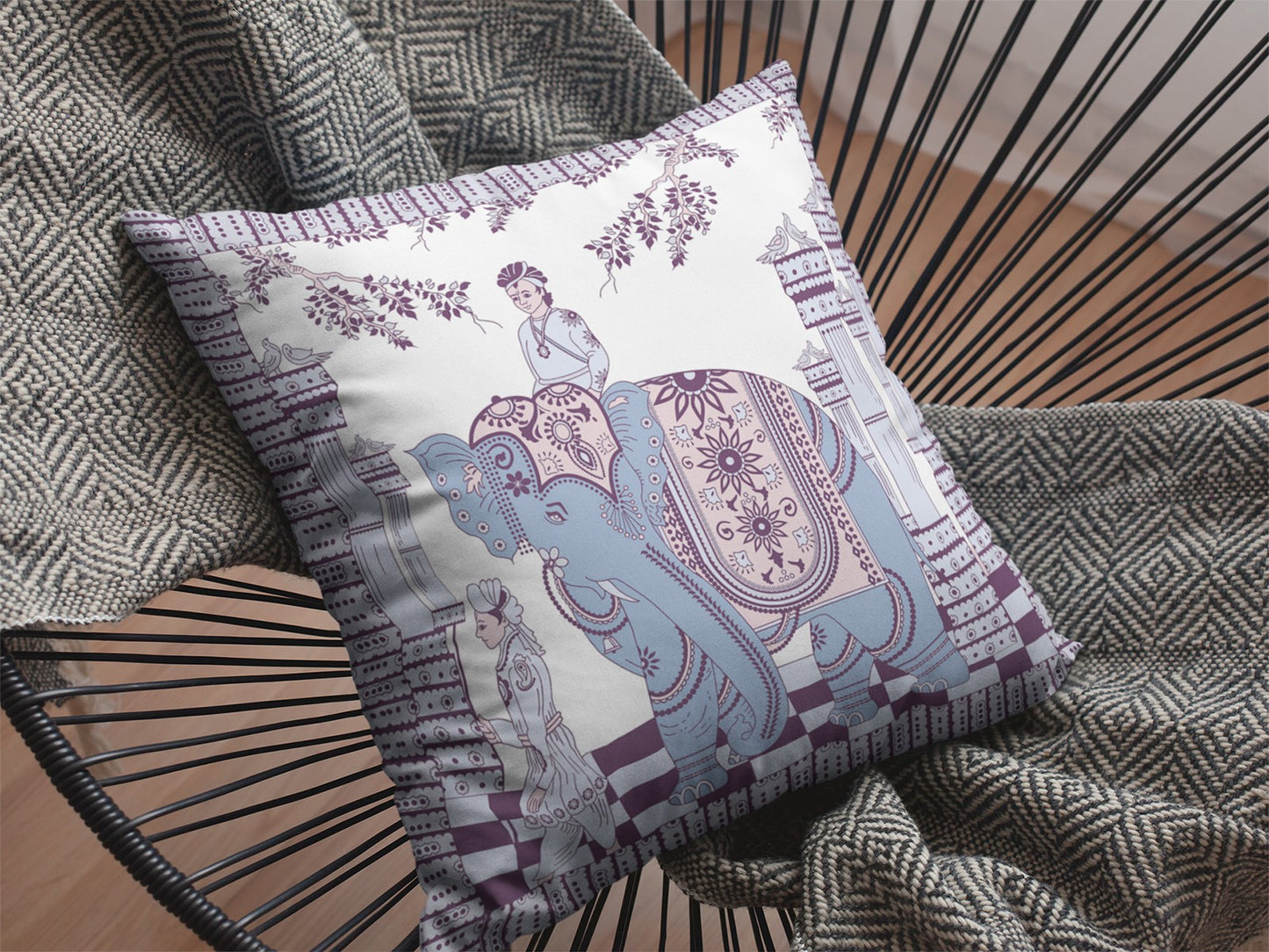 16” Blue Purple Ornate Elephant Zippered Suede Throw Pillow-3
