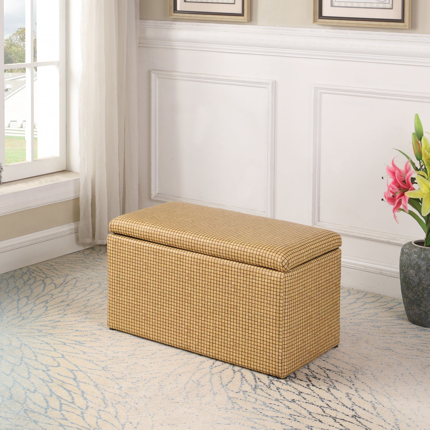 17" Yellow and Brown Upholstered Faux Leather Bench with Flip top-6