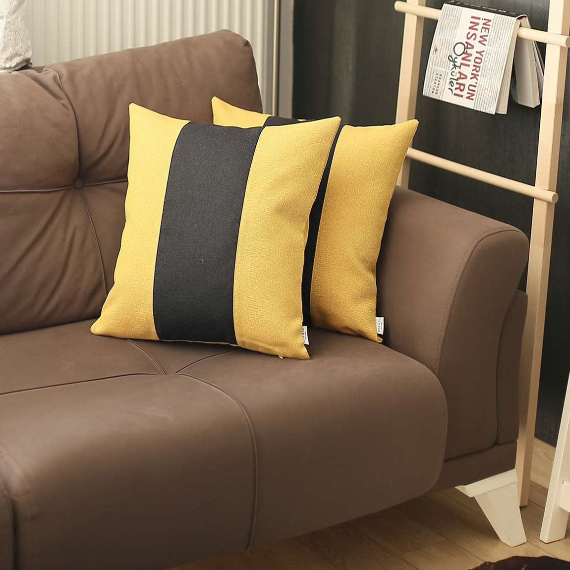 Set Of Two 18" X 18" Yellow And Black Geometric Zippered Handmade Polyester Throw Pillow-6
