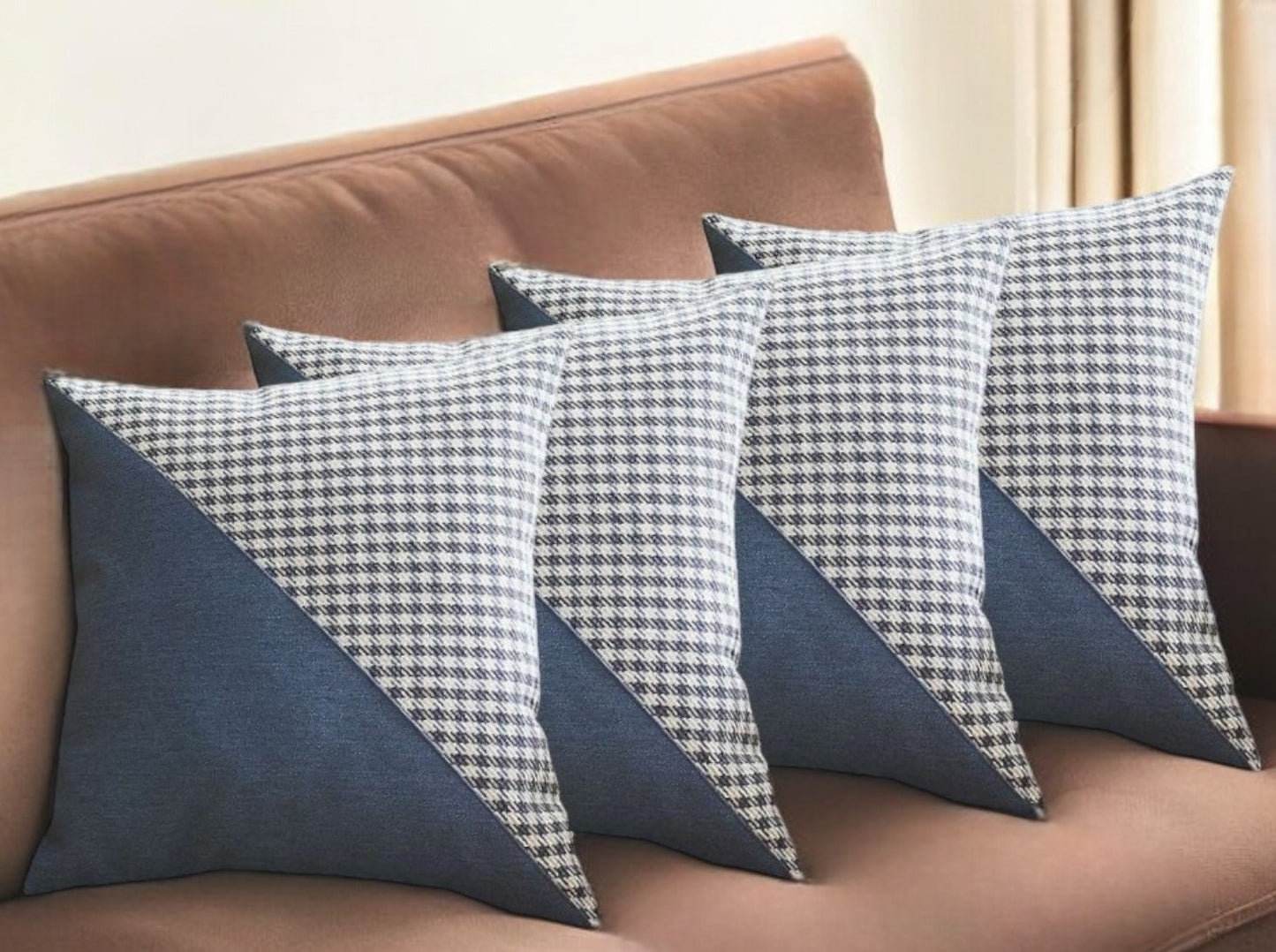 Set of Four 18" Blue and White Houndstooth Fabric Throw Pillows-0