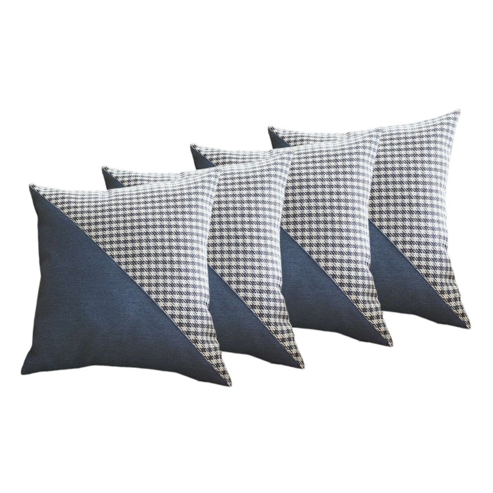 Set of Four 18" Blue and White Houndstooth Fabric Throw Pillows-2