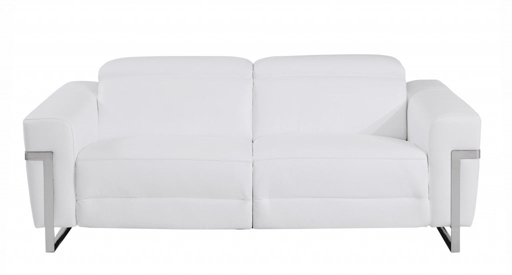 83" White Italian Leather USB Reclining Sofa With Chrome Legs-1