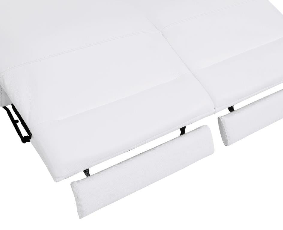 83" White Italian Leather USB Reclining Sofa With Chrome Legs-7