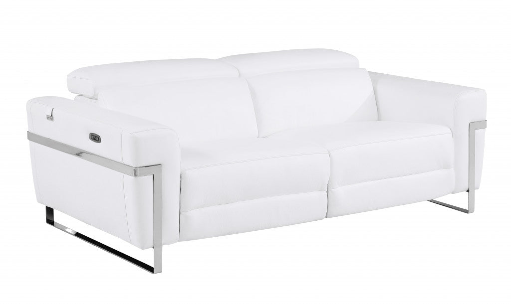 83" White Italian Leather USB Reclining Sofa With Chrome Legs-2