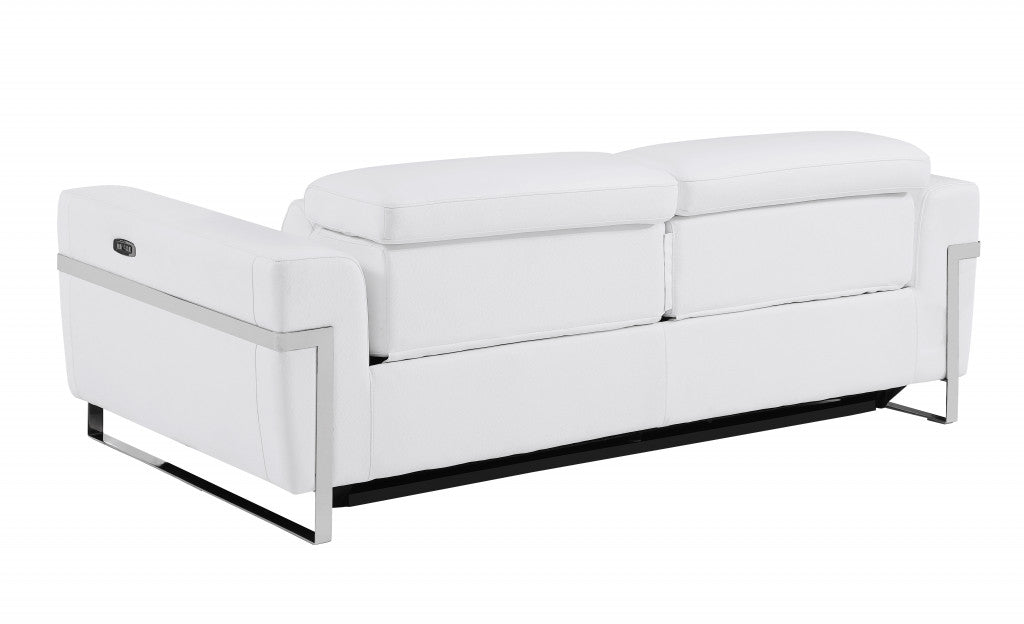 83" White Italian Leather USB Reclining Sofa With Chrome Legs-3
