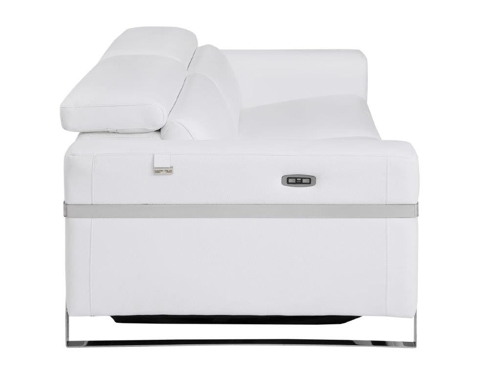 83" White Italian Leather USB Reclining Sofa With Chrome Legs-4