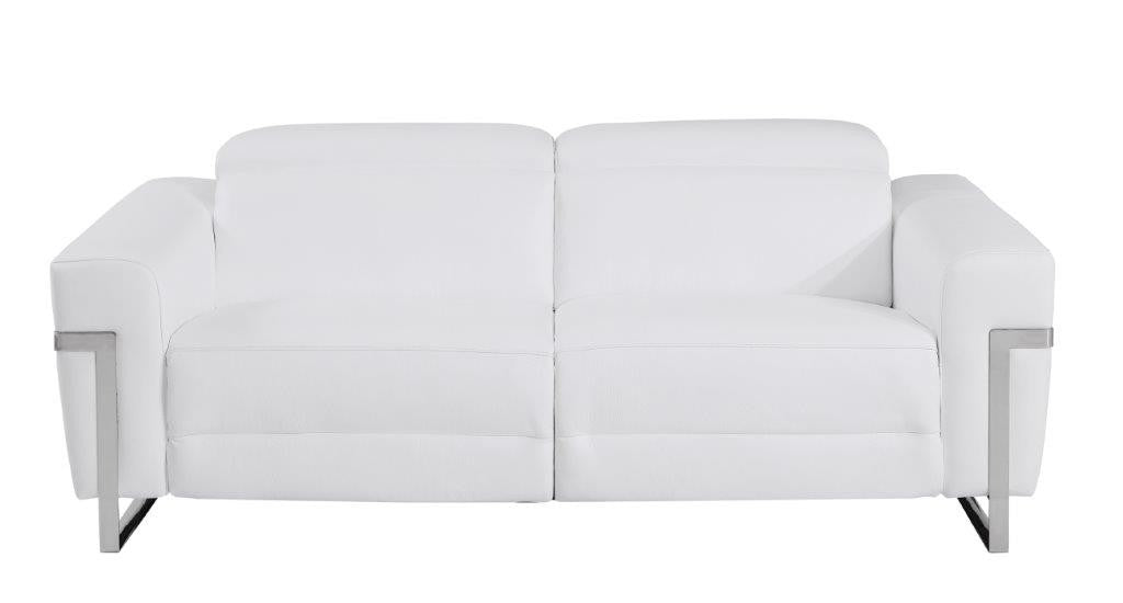 83" White Italian Leather USB Reclining Sofa With Chrome Legs-5