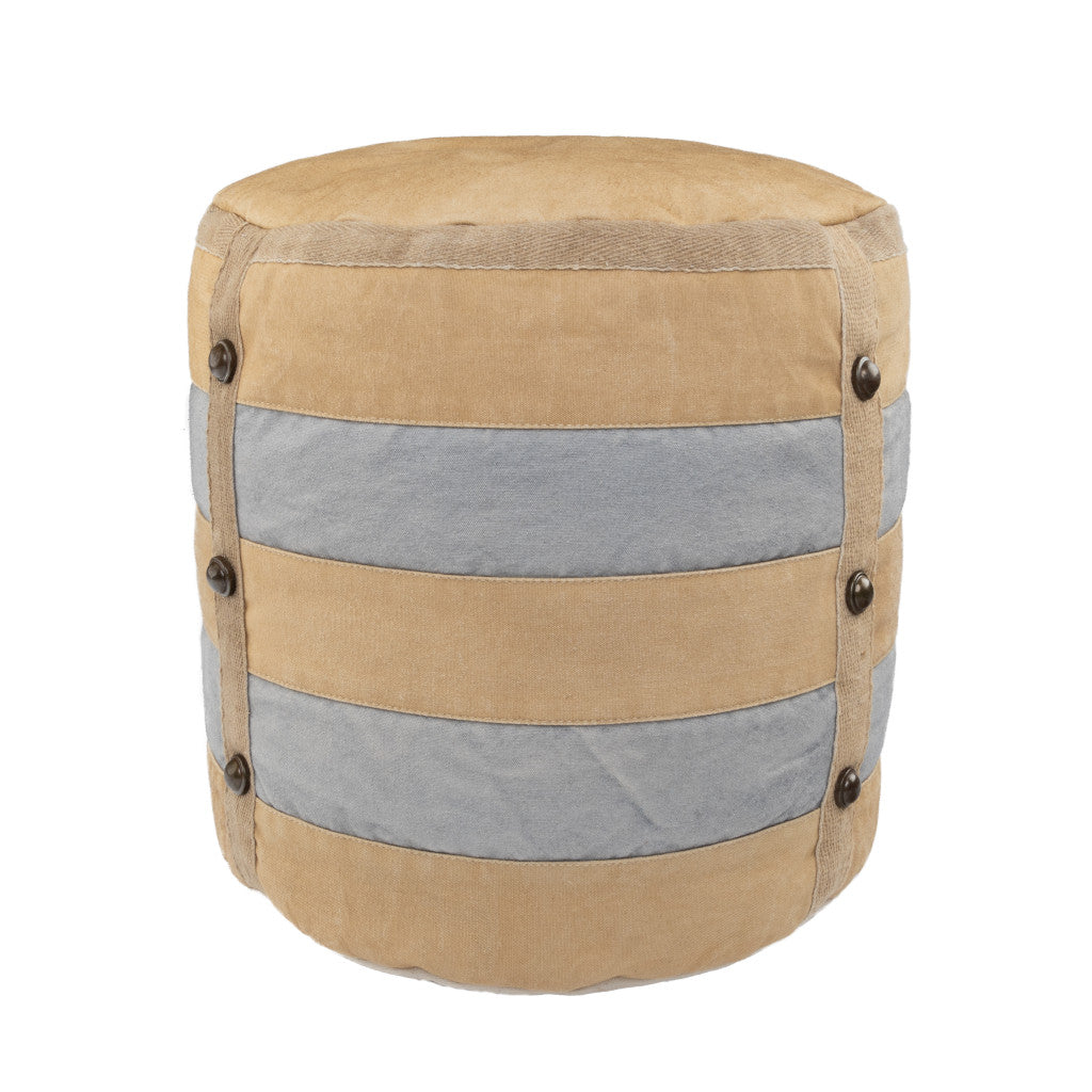 16" Tan Cotton Cylinder Striped Pouf Ottoman-0
