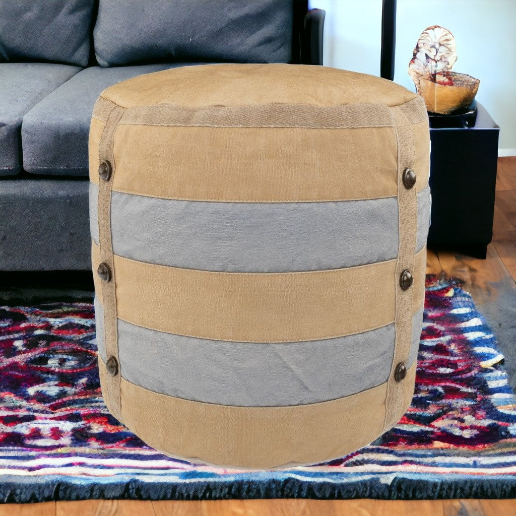 16" Tan Cotton Cylinder Striped Pouf Ottoman-5