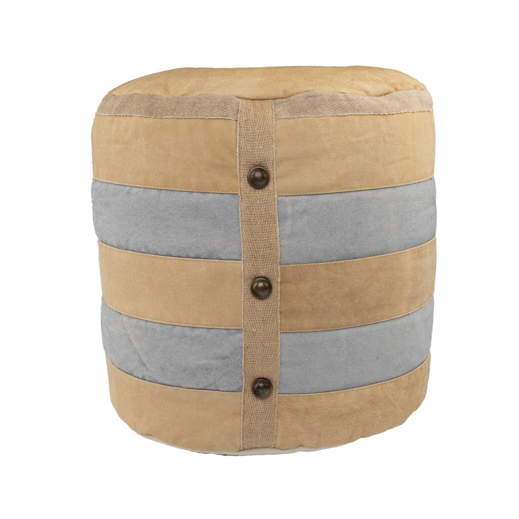 16" Tan Cotton Cylinder Striped Pouf Ottoman-3
