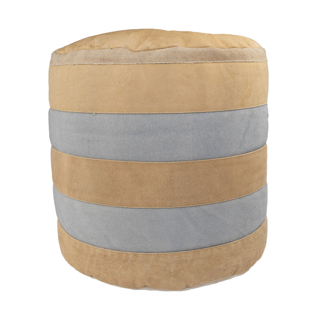 16" Tan Cotton Cylinder Striped Pouf Ottoman-4