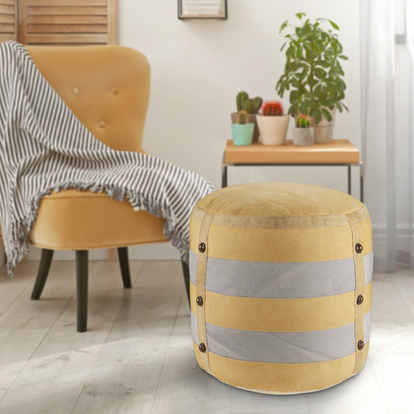 16" Tan Cotton Cylinder Striped Pouf Ottoman-7
