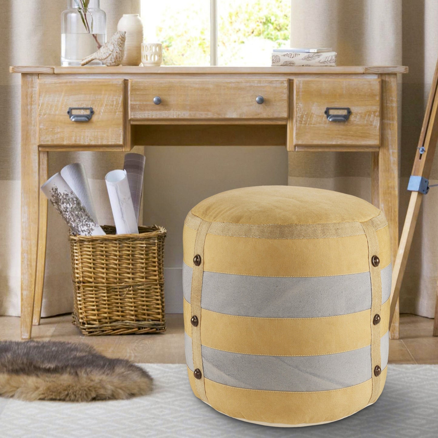 16" Tan Cotton Cylinder Striped Pouf Ottoman-8