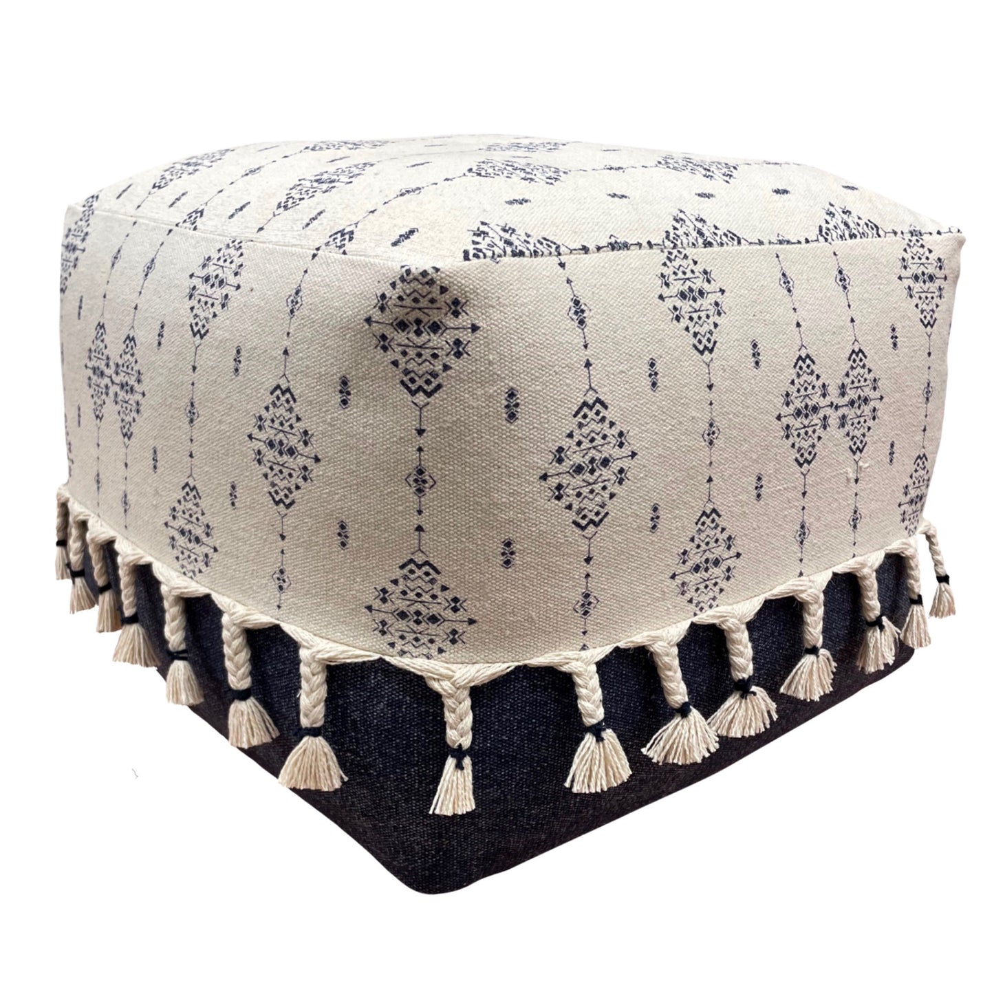 18" Natural And Navy Blue Cotton Medallion Pouf Ottoman-1