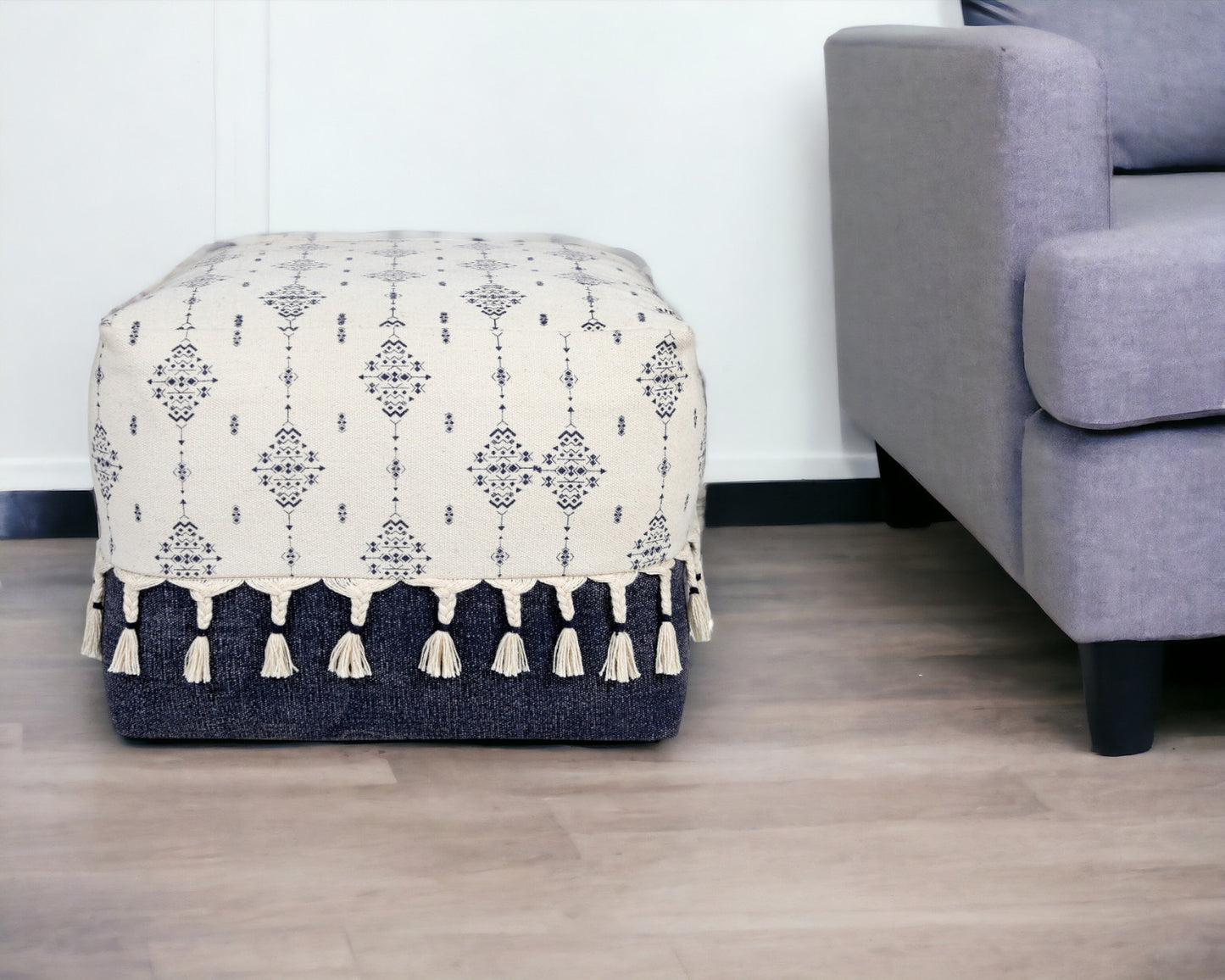 18" Natural And Navy Blue Cotton Medallion Pouf Ottoman-0