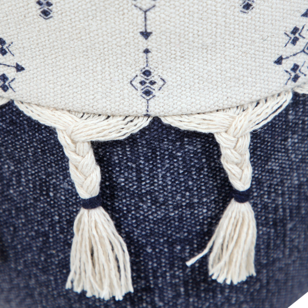 18" Natural And Navy Blue Cotton Medallion Pouf Ottoman-7