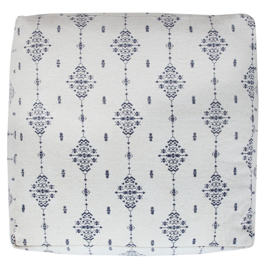 18" Natural And Navy Blue Cotton Medallion Pouf Ottoman-2