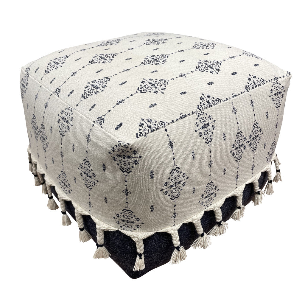 18" Natural And Navy Blue Cotton Medallion Pouf Ottoman-3