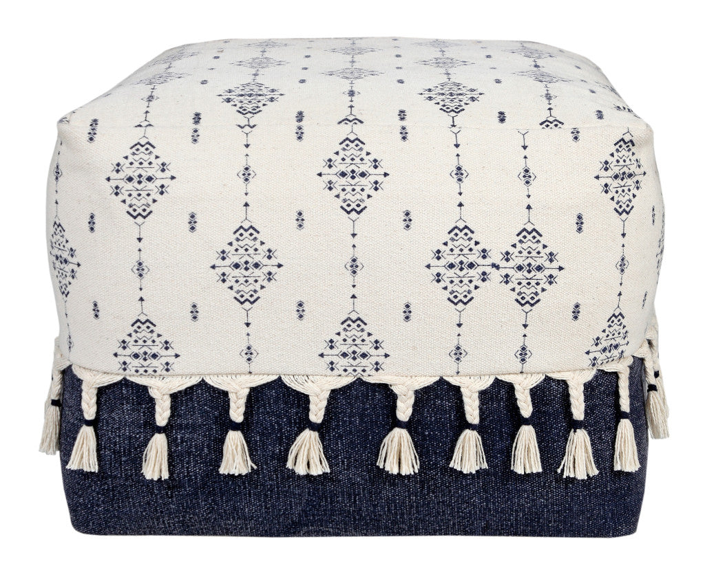 18" Natural And Navy Blue Cotton Medallion Pouf Ottoman-4