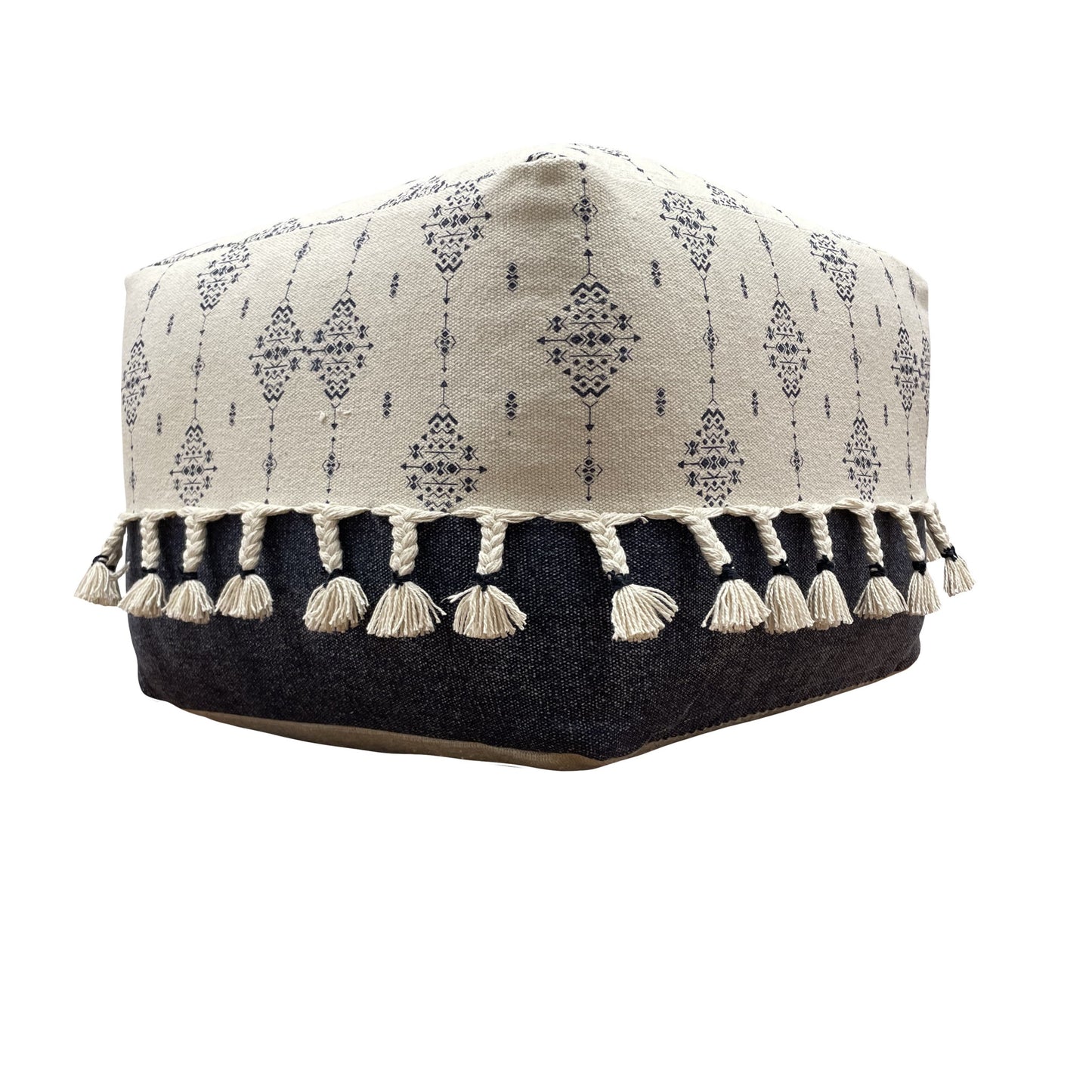 18" Natural And Navy Blue Cotton Medallion Pouf Ottoman-6