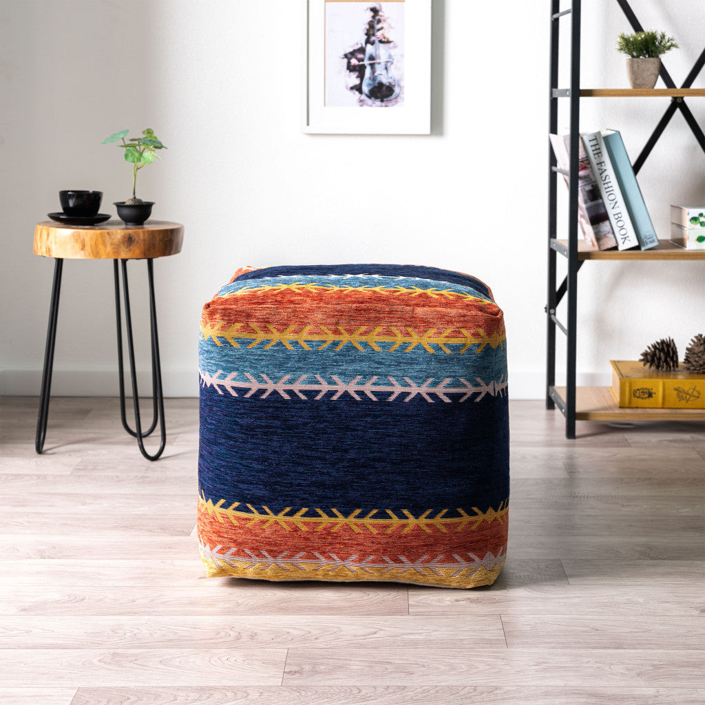 18" Blue And Orange Polyester Blend Striped Pouf Ottoman-6
