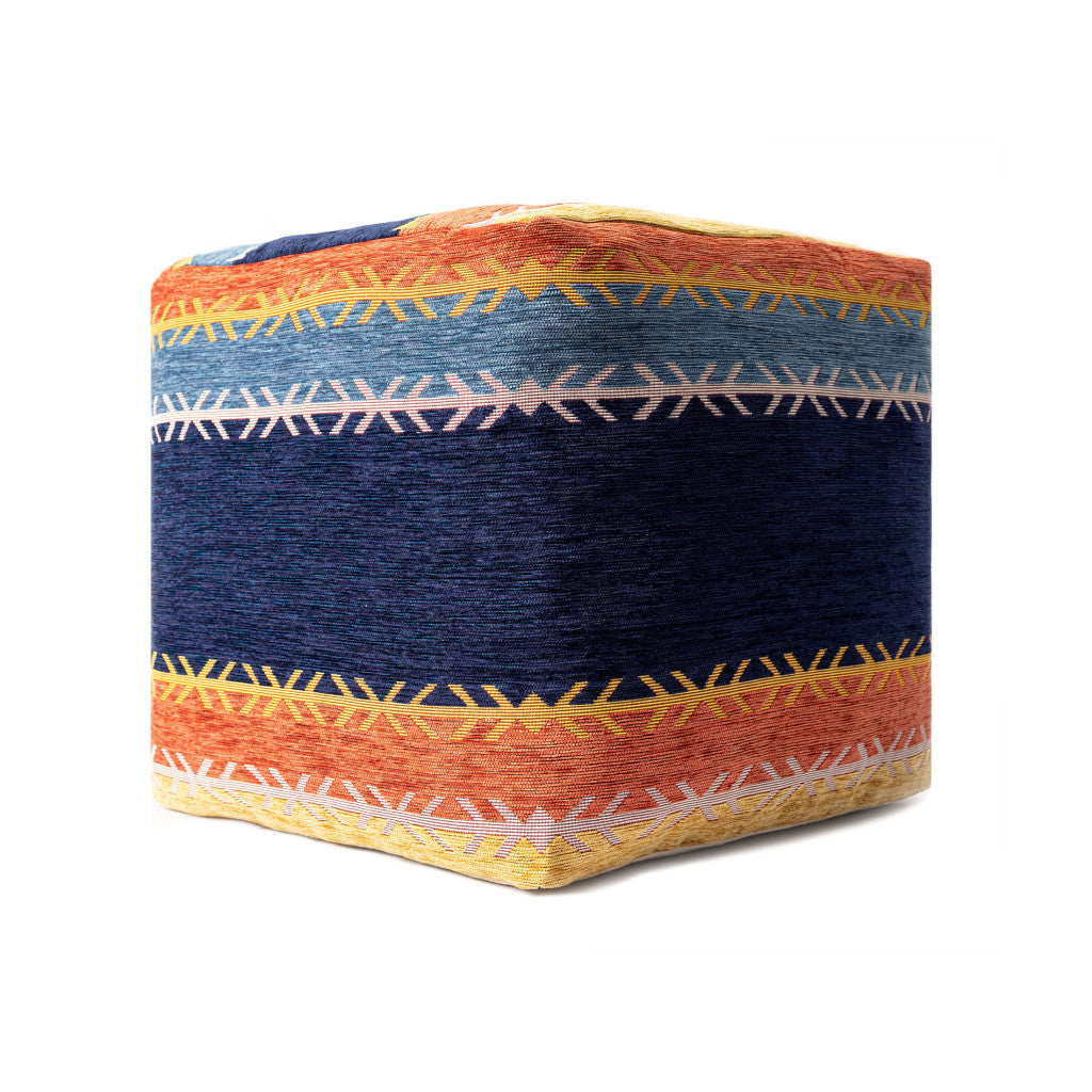 18" Blue And Orange Polyester Blend Striped Pouf Ottoman-1