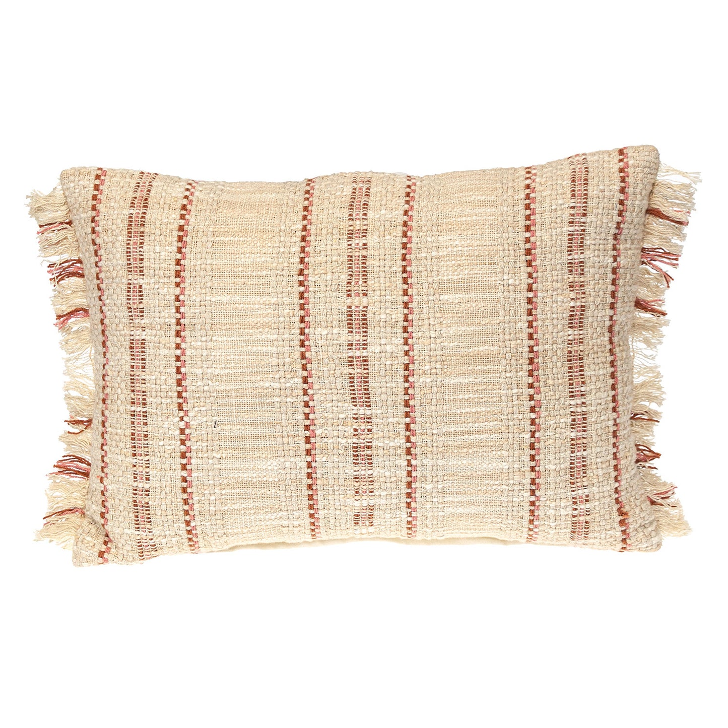 14" X 20" Beige and Pink Striped Cotton Throw Pillow With Fringe-1