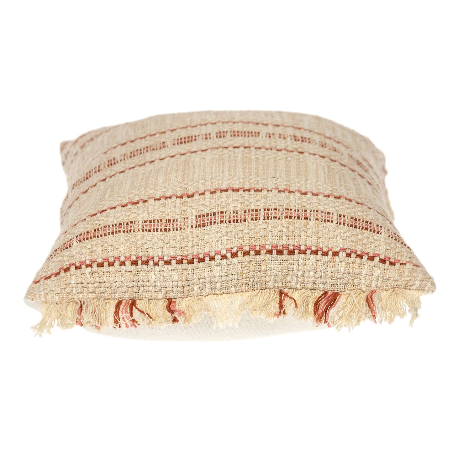 14" X 20" Beige and Pink Striped Cotton Throw Pillow With Fringe-3