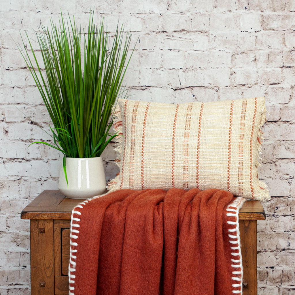 14" X 20" Beige and Pink Striped Cotton Throw Pillow With Fringe-6