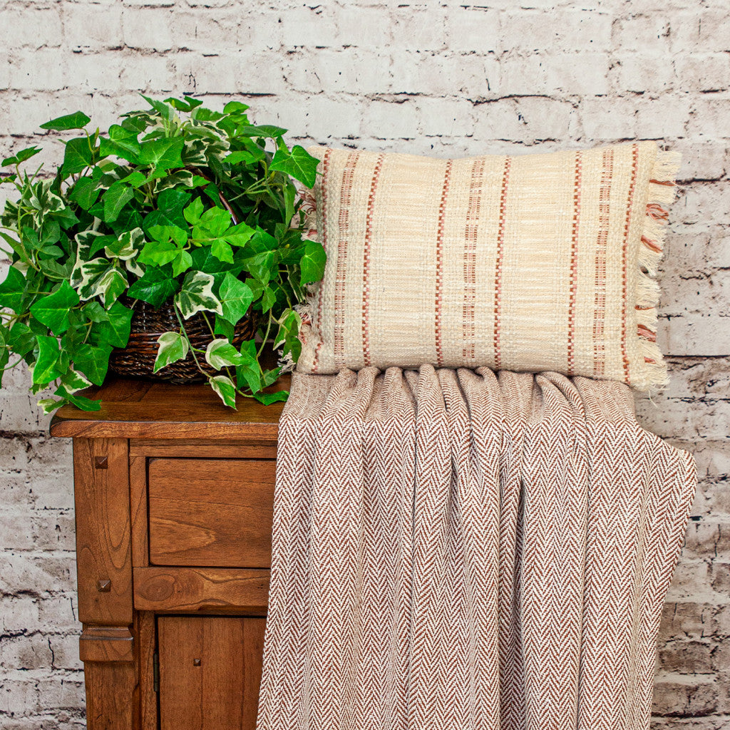 14" X 20" Beige and Pink Striped Cotton Throw Pillow With Fringe-7