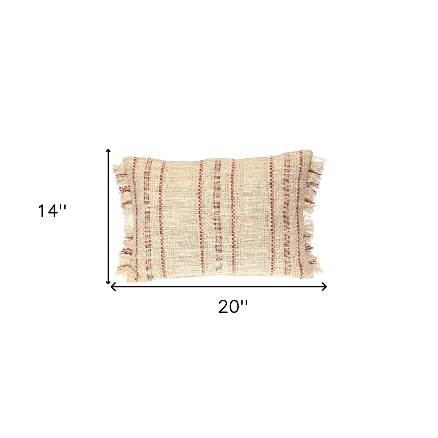 14" X 20" Beige and Pink Striped Cotton Throw Pillow With Fringe-8