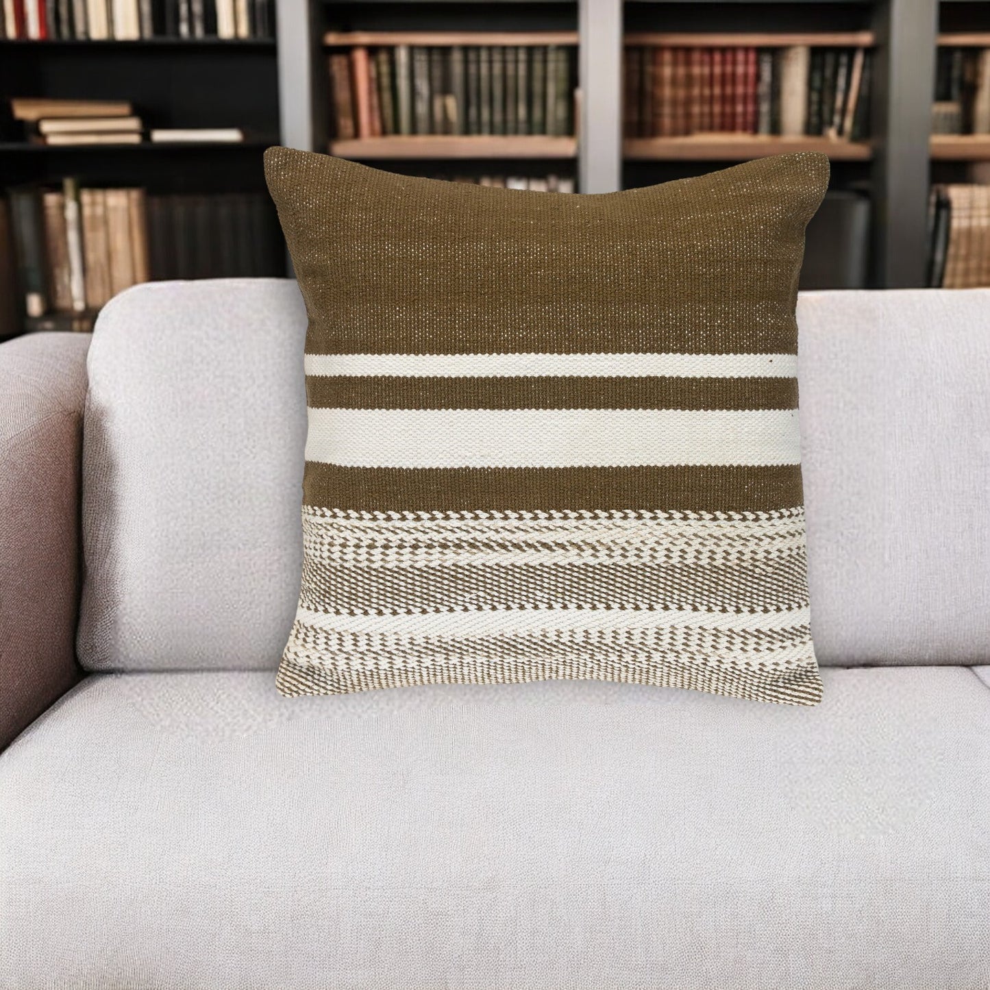 18" Brown And White Cotton Striped Throw Pillow-0