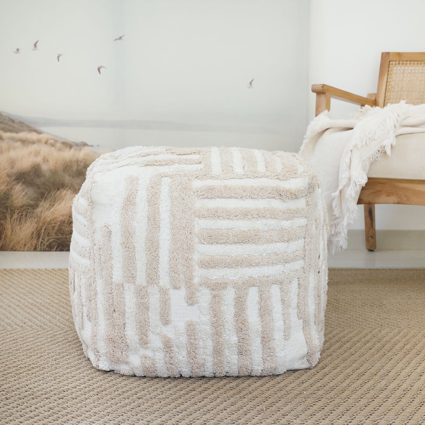 18" Beige Cotton Cube Striped Pouf Ottoman-7