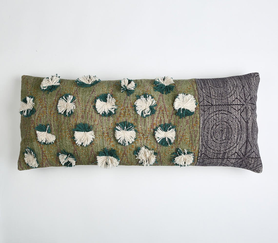 12" X 28" Beige and Green Abstract Cotton Throw Pillow Cover With Fringe-1