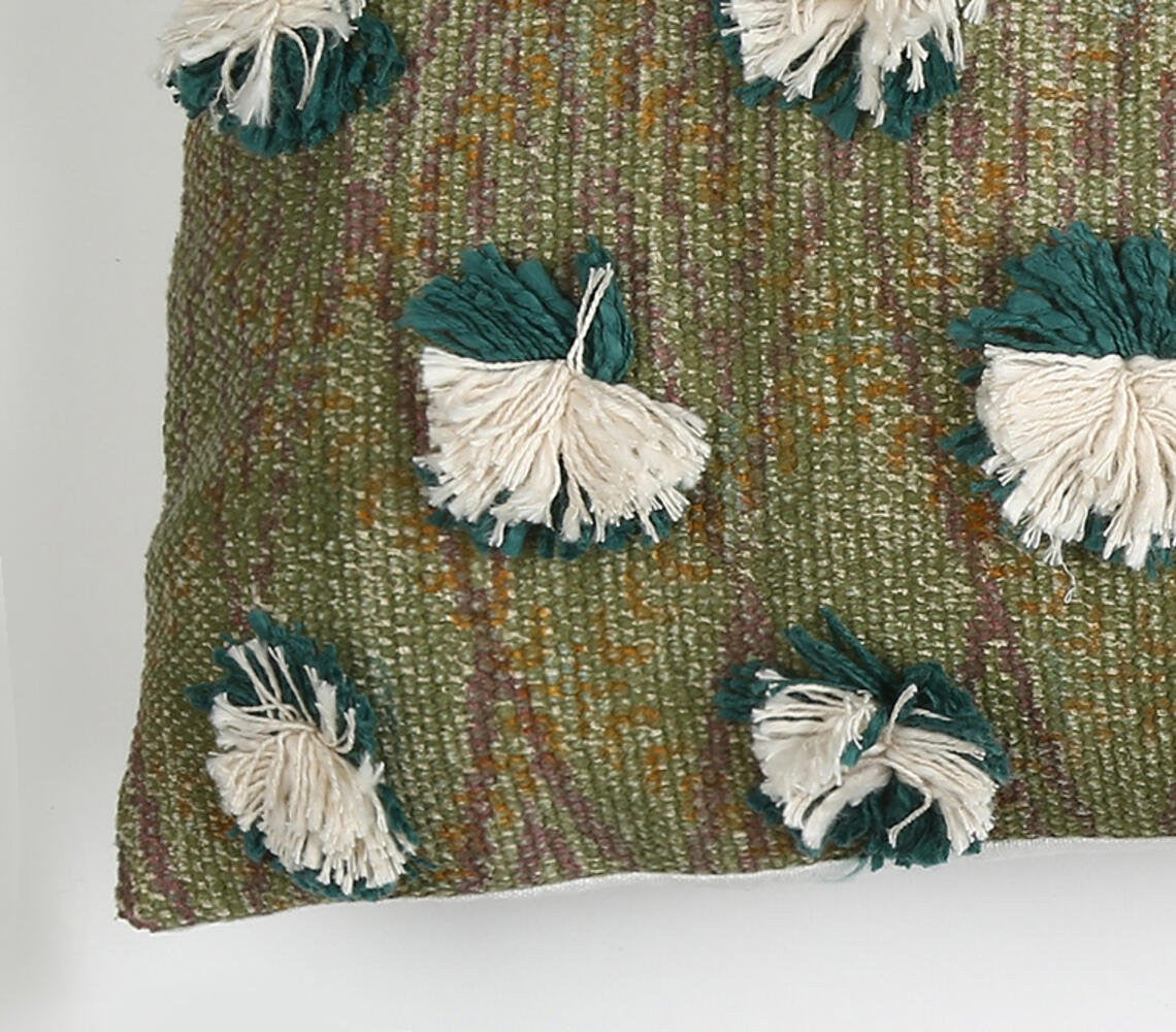 12" X 28" Beige and Green Abstract Cotton Throw Pillow Cover With Fringe-4