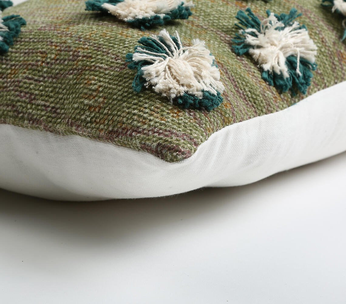 12" X 28" Beige and Green Abstract Cotton Throw Pillow Cover With Fringe-3
