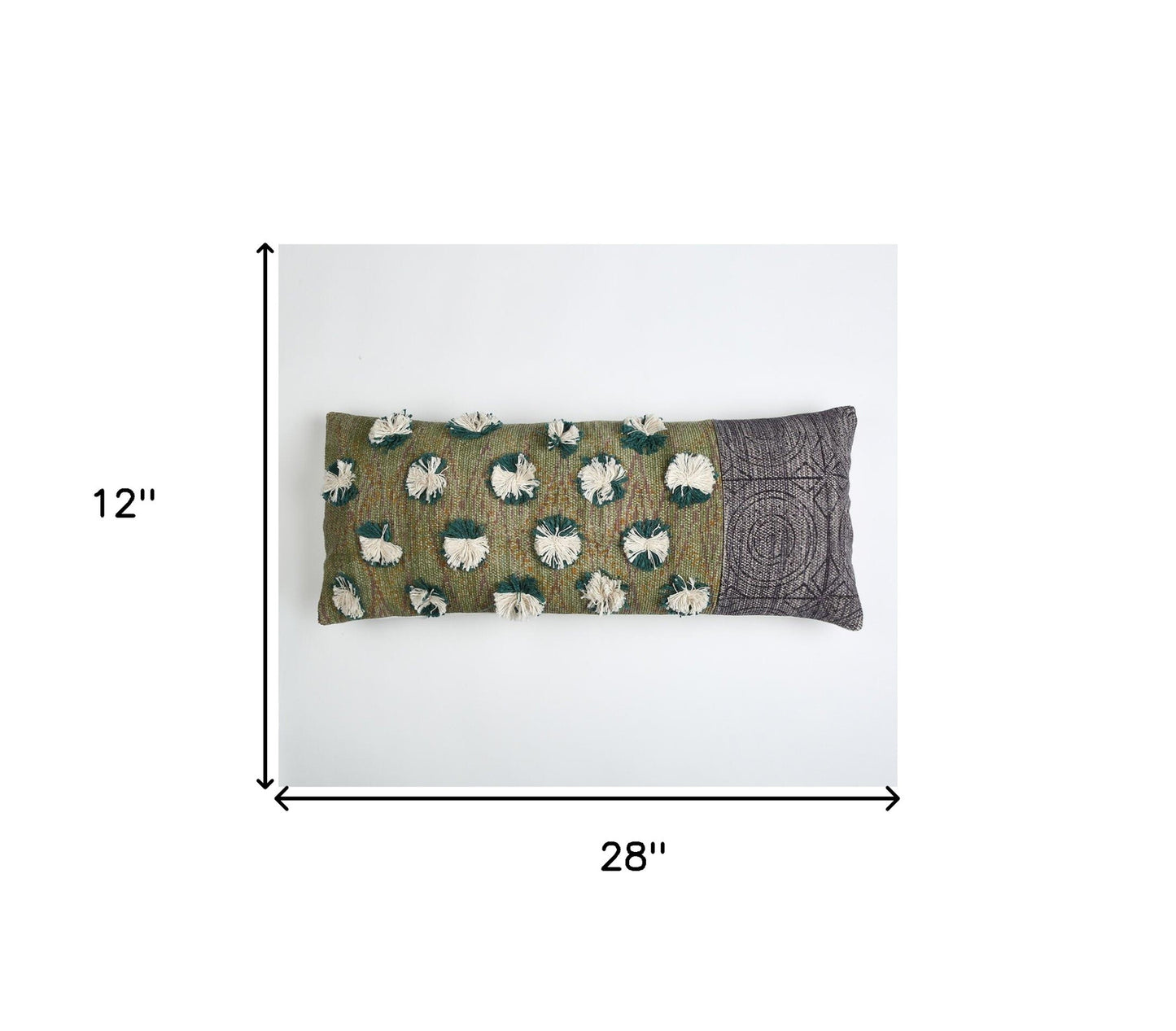 12" X 28" Beige and Green Abstract Cotton Throw Pillow Cover With Fringe-5