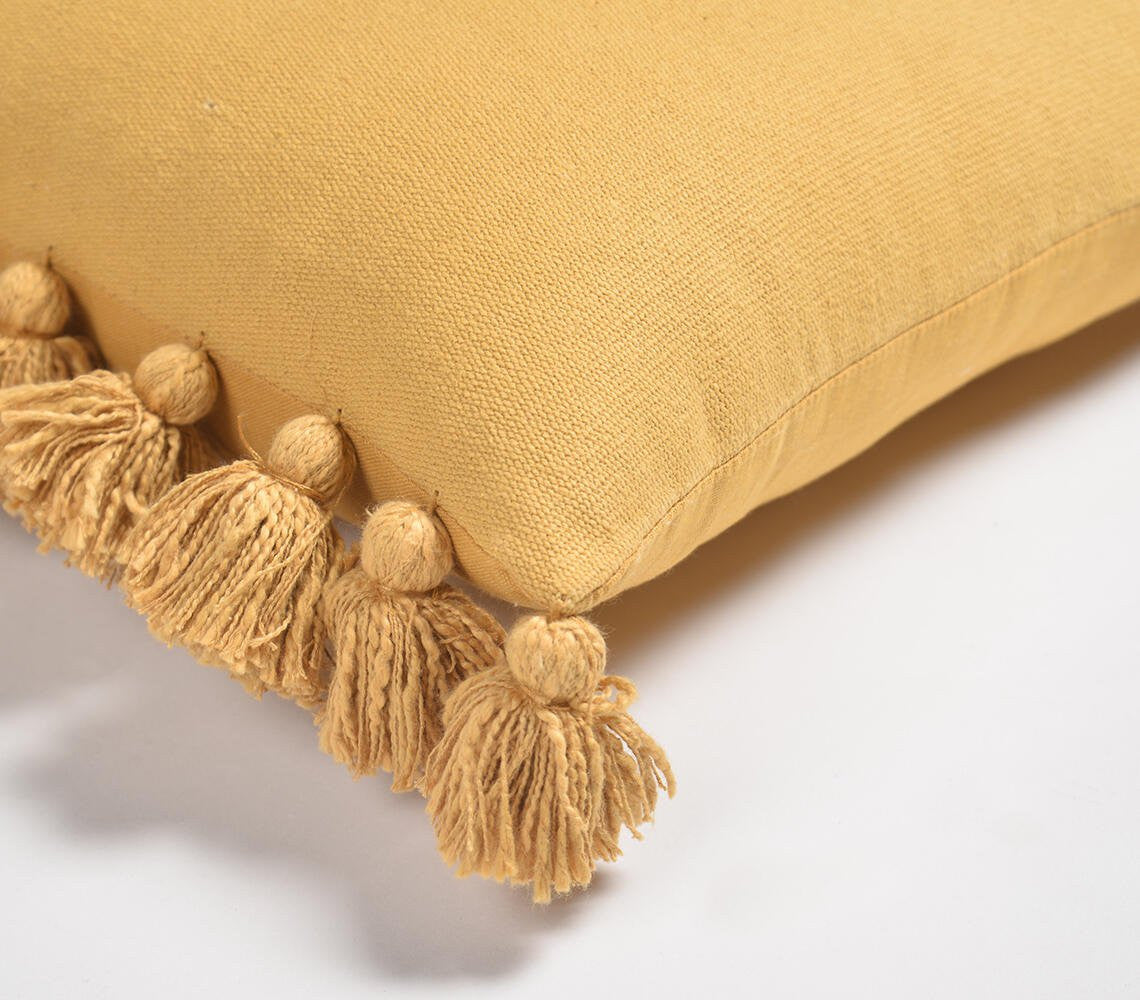 17" Mustard Cotton Throw Pillow Cover With Tassels-4