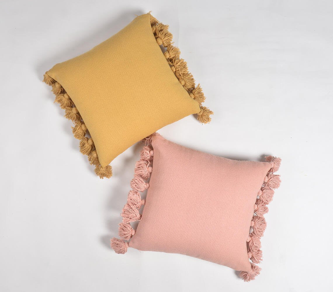 17" Mustard Cotton Throw Pillow Cover With Tassels-3