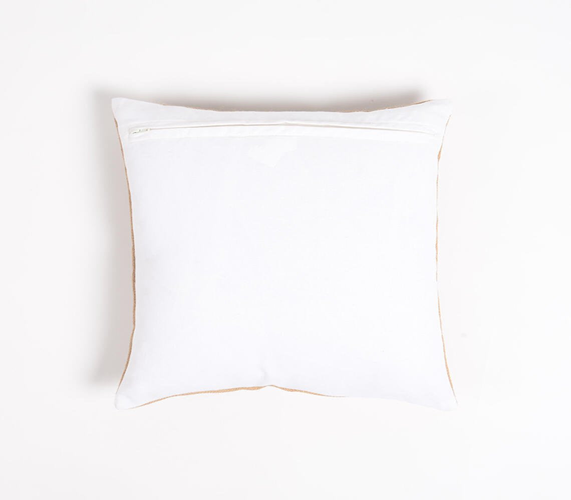 16" Beige and White Jute Throw Pillow Cover With Embroidery-2
