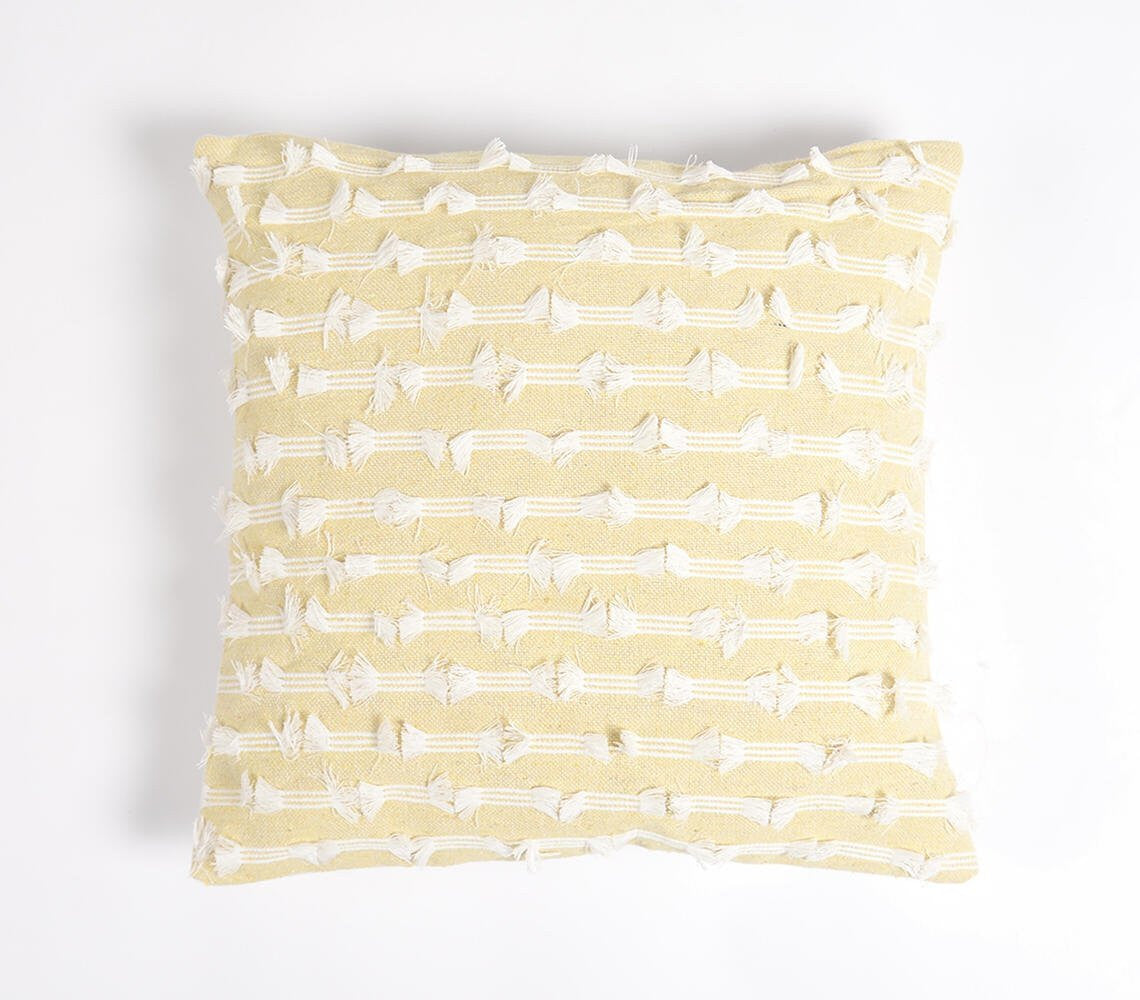 18" Yellow and White Striped Cotton Throw Pillow Cover With Fringe-1