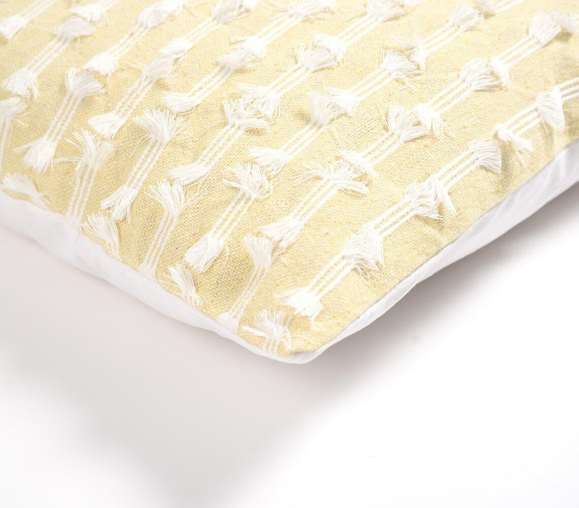 18" Yellow and White Striped Cotton Throw Pillow Cover With Fringe-3